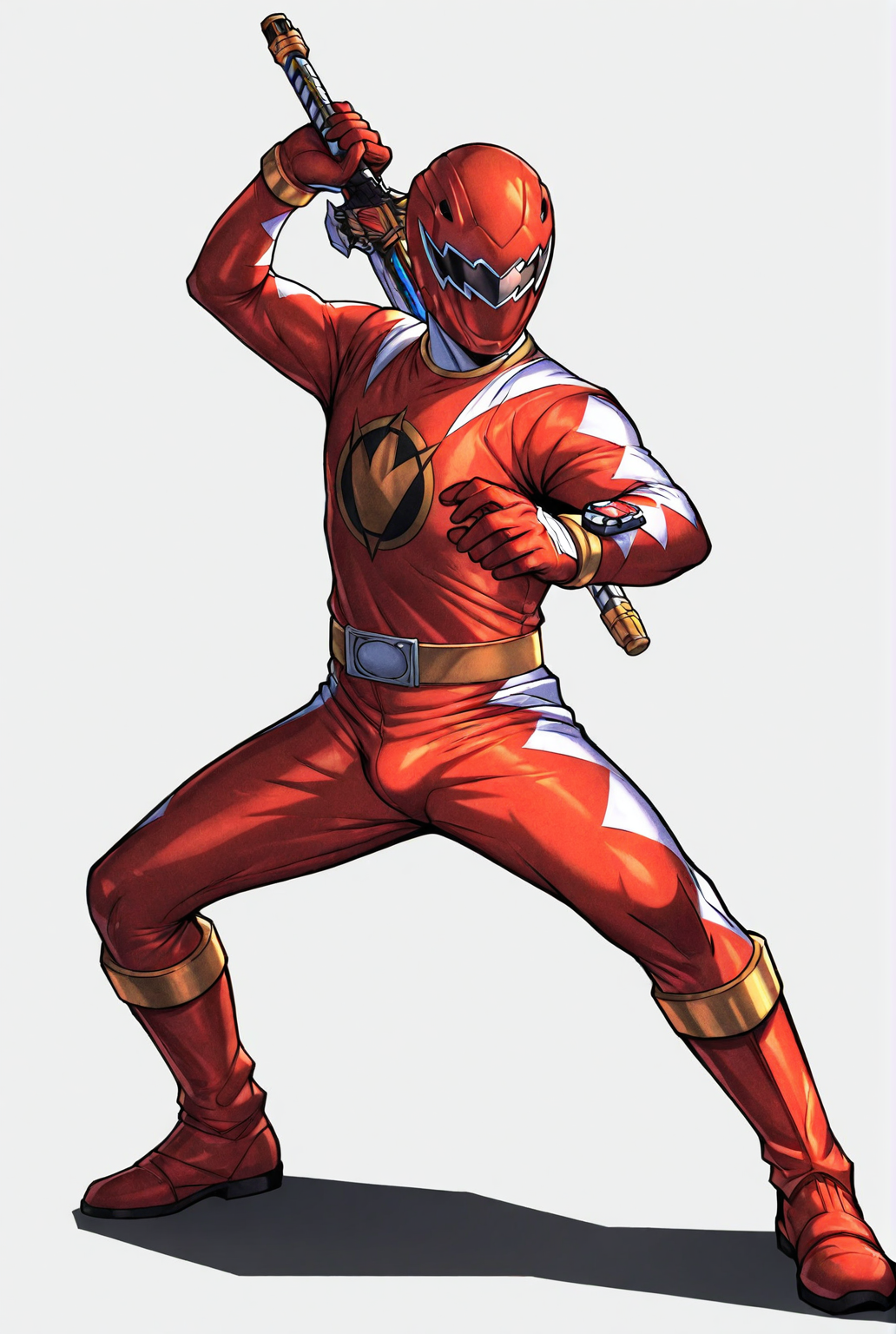 score_9,score_8_up,score_7_up,male focus,ultra-detailed,high resolution,digital painting,8k,1boy,solo,full body,male focus,detailed face,red bodysuit,helmet,belt,bodysuit,armor,tokusatsu,gloves,mask,super d1n0 red,horns,holding weapon,spread legs,fighting stance,bulge,simple background,(white background:1.1),<lora:add-detail-xl:1>,<lora:LYDart StyleIlluLYCO:0.2>,ydart,<lora:Dino Ranger Red:0.7>,