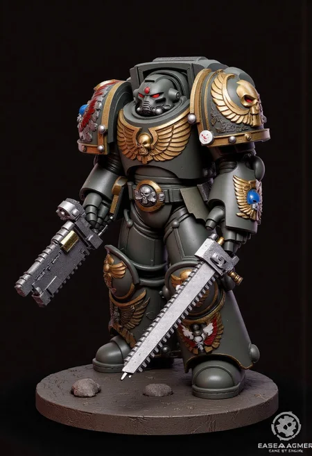 Score_9_up, absurdres, Source: GamesWorkshop, best quality, expressive eyes, perfect face, space marine, Ultramarines Astartes Chapter space marine in terminator armor holding a chainsword, terminator helmet, full body, volumetric lighting project unreal engine, mantisdetailerse, adddetails, <lora:PeopleCountSliderLoRAv1:2.0>, <lora:warhammerAdeptus_v1:0.7>,