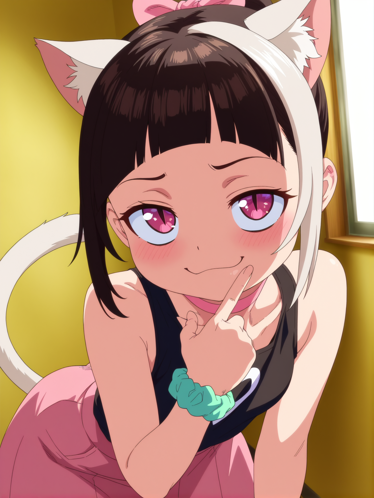 masterpiece, best quality, amazing quality, absurdres, newest, dynamic_angle, defined facial features, <lora:Chiaki_Ueno_ILv0b:0.8>
1girl, beautiful face, chiaki ueno, pink choker, pink bow, green wrist scrunchie, smug, cat tail, cat ears, cute outfit, slit pupils,