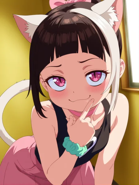 masterpiece, best quality, amazing quality, absurdres, newest, dynamic_angle, defined facial features, <lora:Chiaki_Ueno_ILv0b:0.8>
1girl, beautiful face, chiaki ueno, pink choker, pink bow, green wrist scrunchie, smug, cat tail, cat ears, cute outfit, slit pupils,