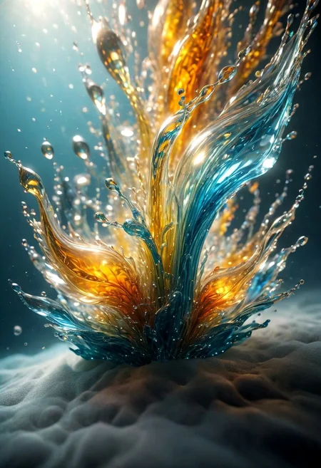 An abstract shape, amazingly fluid, made of glass, detailed, 3d fractals, light particles, water drops, shimmering light, surreal, ink, smooth, shimmering, glow, cinematice contrast, Glow, 
16k