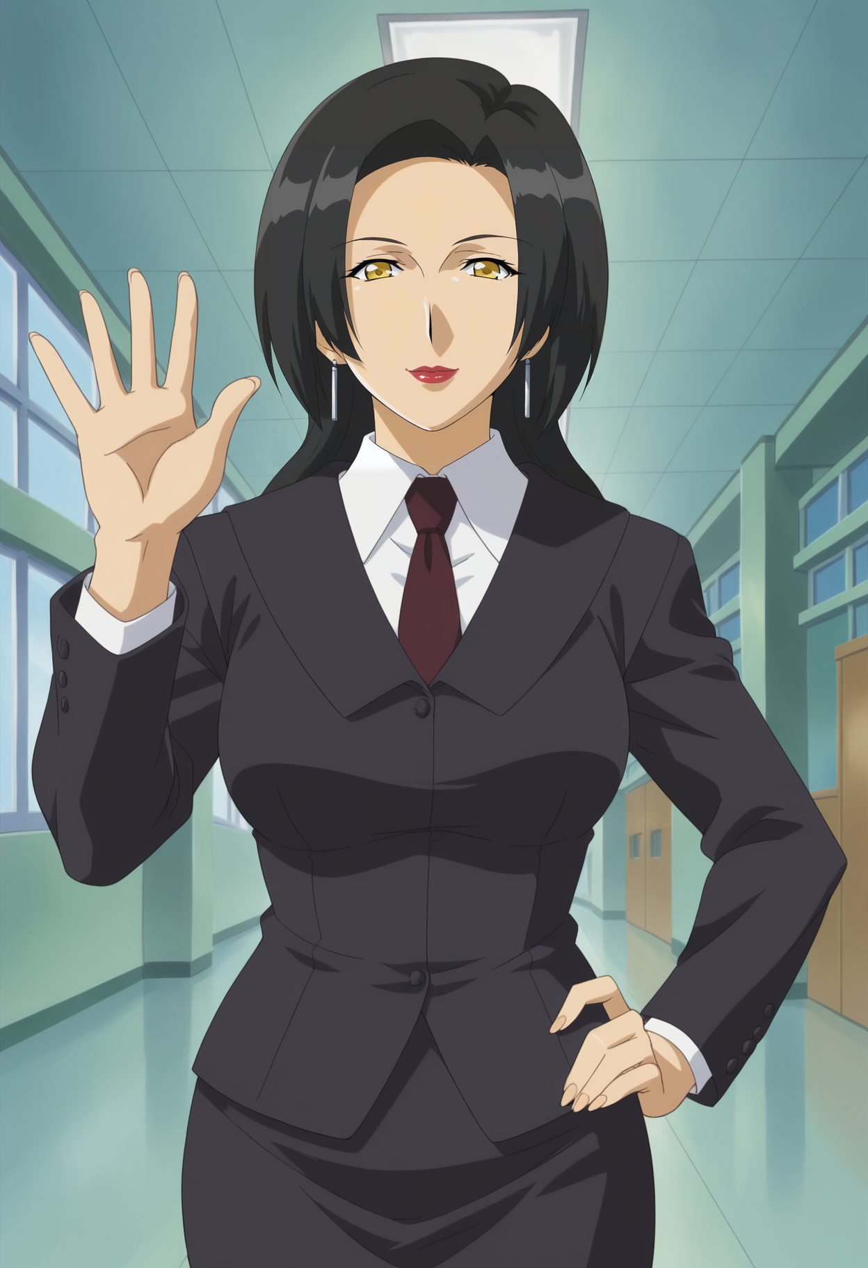 <lora:Hijiri_Kanata-Girls_Bravo:0.8>1girl,solo,Hijiri Kanata,long hair,black hair,yellow eyes,lipstick,earrings,mature female,formal,necktie,shirt,jacket,pencil skirt,suit,hand on own hip, waving,looking at viewer, smile,cowboy shot, indoors