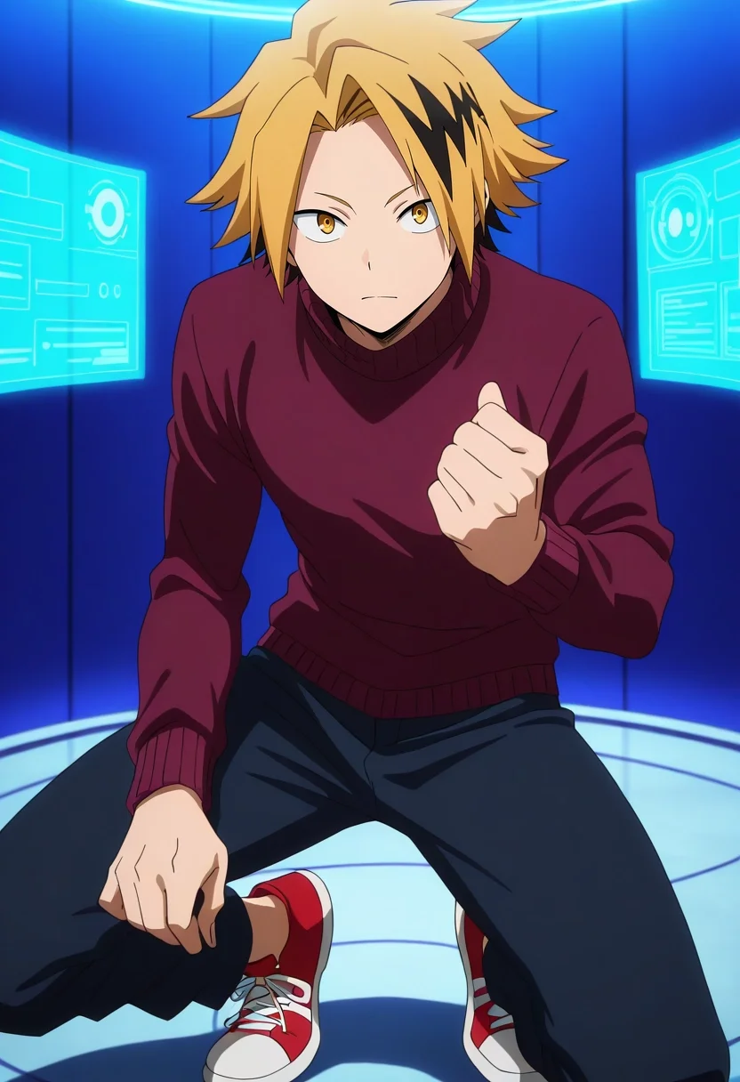 masterpiece, best quality, , anime screencap, , , looking at viewer, , 1boy, solo, male focus, <lora:denki_kaminari_ilxl:0.96>, denki_kaminari, blonde hair, yellow eyes, short hair, spiked hair, multicolored hair, two-tone hair, black hair, streaked hair, quantum lab, holographic displays, energy fields, floating data, analyzing pose, focused expression, blue lighting, Wool Floral Coral Wide-leg pants, Maroon Mock neck sweater, Chukka sneakers, , and
