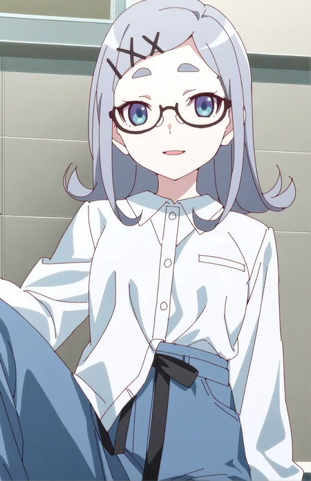HamukaiMeniko. 1girl, grey hair, x_hair_ornament, blue eyes, thick eyebrows, glasses, semi-rimless eyewear, white shirt, shirt partially tucked in, long sleeves, blue pants,