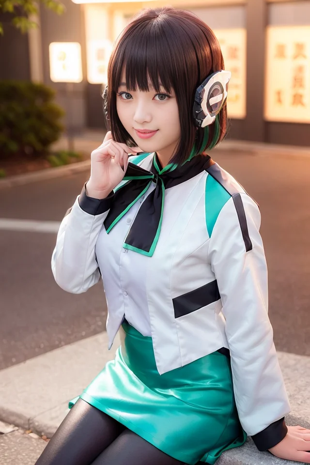 1girl,  izu, izu_uniform, humagear, humagear_headset, headphone, realistic, skirt, jacket, solo, sitting, best quality, photorealistic, masterpiece, 8k, high res, solo,  (((woman))), (medium breast), ((look_at_viewer)), (look_at_camera:1), (short hair), bob hair, (professional lighting, bokeh),top angle view, extremely detailed face,  fashionable and trendy atmosphere, japan, street, tokyo,  factory, ((daytime)), (portrait:0.6), seductive smile,  gorgeous, floating hair, (light particles, lens flare, glowing particles:0.6), (dynamic pose:1.2), soft lighting, black hair,  full body, smile, camera,  blue eye, pantyhose, black nail,  close up, <lora:Izu:0.7>