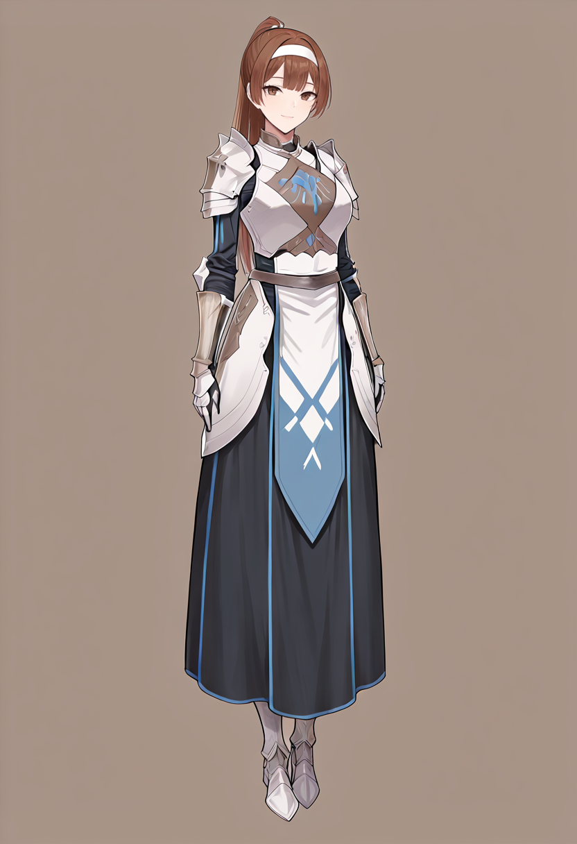 masterpiece, best quality, 
1girl, solo, full body, 
standing, 
looking at viewer, light smile,
simple background, brown background,
 <lora:Kelart_Custodio:1> K3l4rtC0st0d10, long hair, brown hair, ponytail, brown eyes,  
white hairband, armor, gauntlets, breastplate, shoulder armor, faulds, pauldrons,
