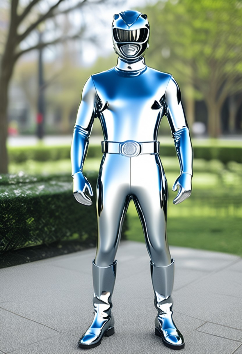 chrome statue of yellow-power-ranger, alone, morphed, chrome helmet, chrome catsuit, chrome turtleneck collar, chrome gloves belt boots holster, entirely made of chrome, standing square-on, in urban park, arms down by sides, full body photo, hyperdetailed photography