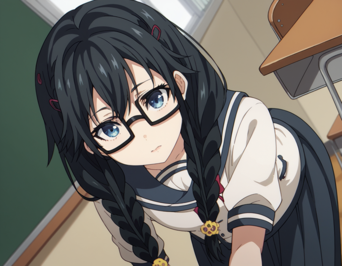score_9, score_8_up, score_7_up, source_anime,
sumirekosanshokuin, <lora:sumireko-sanshokuin-s1-ponyxl-lora-nochekaiser:1>
sumireko sanshokuin, long hair, black hair, blue eyes,
hair ornament, braid, glasses, twin braids, black-framed eyewear, skirt, hair ornament, school uniform, serafuku, black skirt, long skirt,
indoors, classroom, bent over,
looking at viewer, cowboy shot, dutch angle, solo,