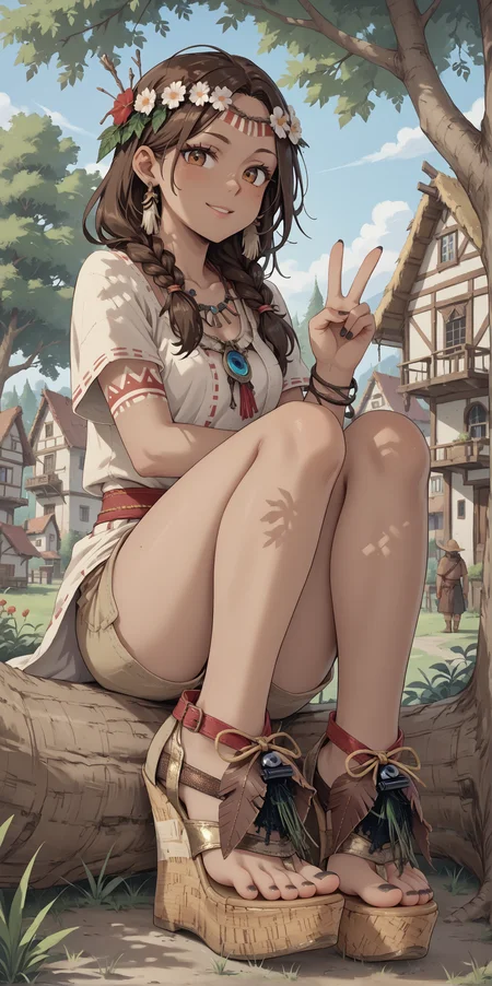 score_9, score_8_up, score_7_up, score_6_up, source_anime,
1girl,
brown hair,
dark skin,
tribal,
sitting in tree, sitting on tree branch, legs dangling,
feet, toes, black toenail polish,
(b0h0 heels), platform footwear,
(forest:0.9), town, village,
looking at viewer, v,
hippie tunic, frayed brown shorts,
embedding:zPDXLrl ,
embedding:zPDXL2 ,