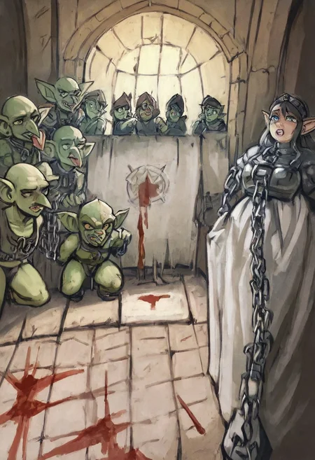 score_8_up. score_7_up, score_9, uncensored, 33dotdot, 33DOTDOT, mirham, hdr, hd, hyper realistic, vintageillustration,
Medieval prison, chains, blood,
indoors, castle, medieval furniture, night, moon shine, simple background, navel, indoors,
0girl, 0 girls,
solo boy,
1boy, 1goblin, goblin male, goblin in shackles, goblin defeated, goblin slave, boy slave,
darkly, gloomy,
interesting view, interesting angle,