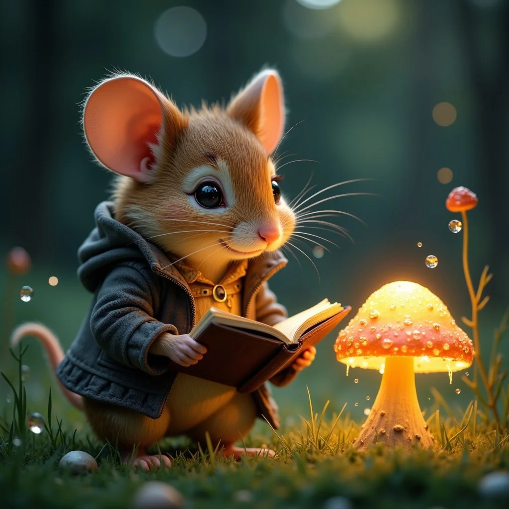 A small mouse in a tattered waistcoat reads a tiny book by the light of a glowing mushroom, with dew drops glistening on the grass around him.