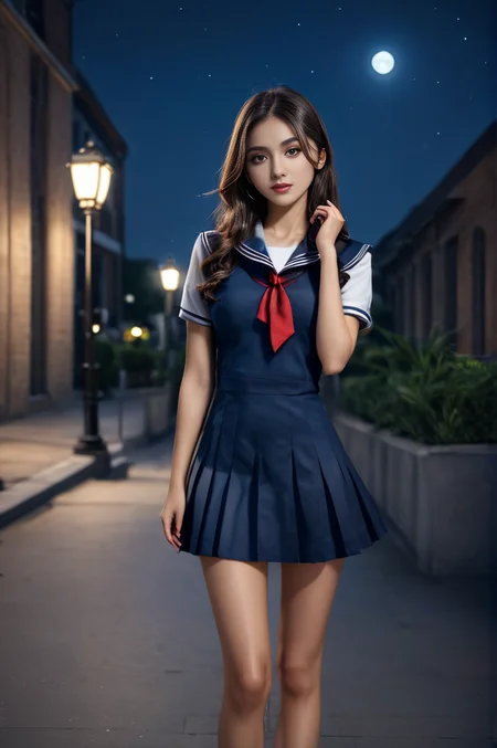 <lora:SH_ModelV2:0.8>, (night:1.5), street, (skinny legs:1.1), ultra realistic,32k, (masterpiece:1.2), (high detailed skin:1.1), 8k uhd, dslr, high quality, long hair, school uniform, sailor dress, blue dress,