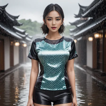 (full body shot) cute one asian women wearing a Optical illusion patterns satin_teeshirt, Slicked-back hair hair style, hyperdetailed photography,4k textures,intricate details,4k resolution wetlook raining water scene, ((dark cinematic still)) <lora:satin_teeshirt_v1:0.7>