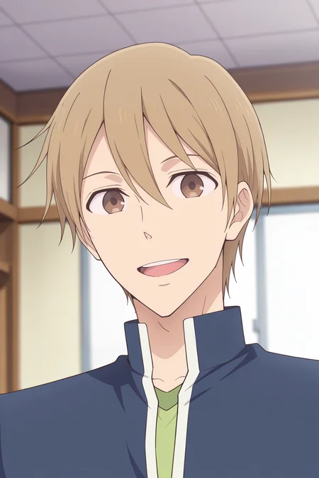 masterpiece, best quality, amazing quality,high resolution, intricate details,official style,depth of field,anime screencap, , , 1boy, solo, male focus,<lora:Yagi_Tomoya:0.93>,yagi tomoya,light brown hair,brown eyes,brown eyes,short hair,smile, green shirt,blue jacket, school uniform,upper body, teeth,collared shirt, indoors,gakuran,upper teeth only,looking at viewer,school