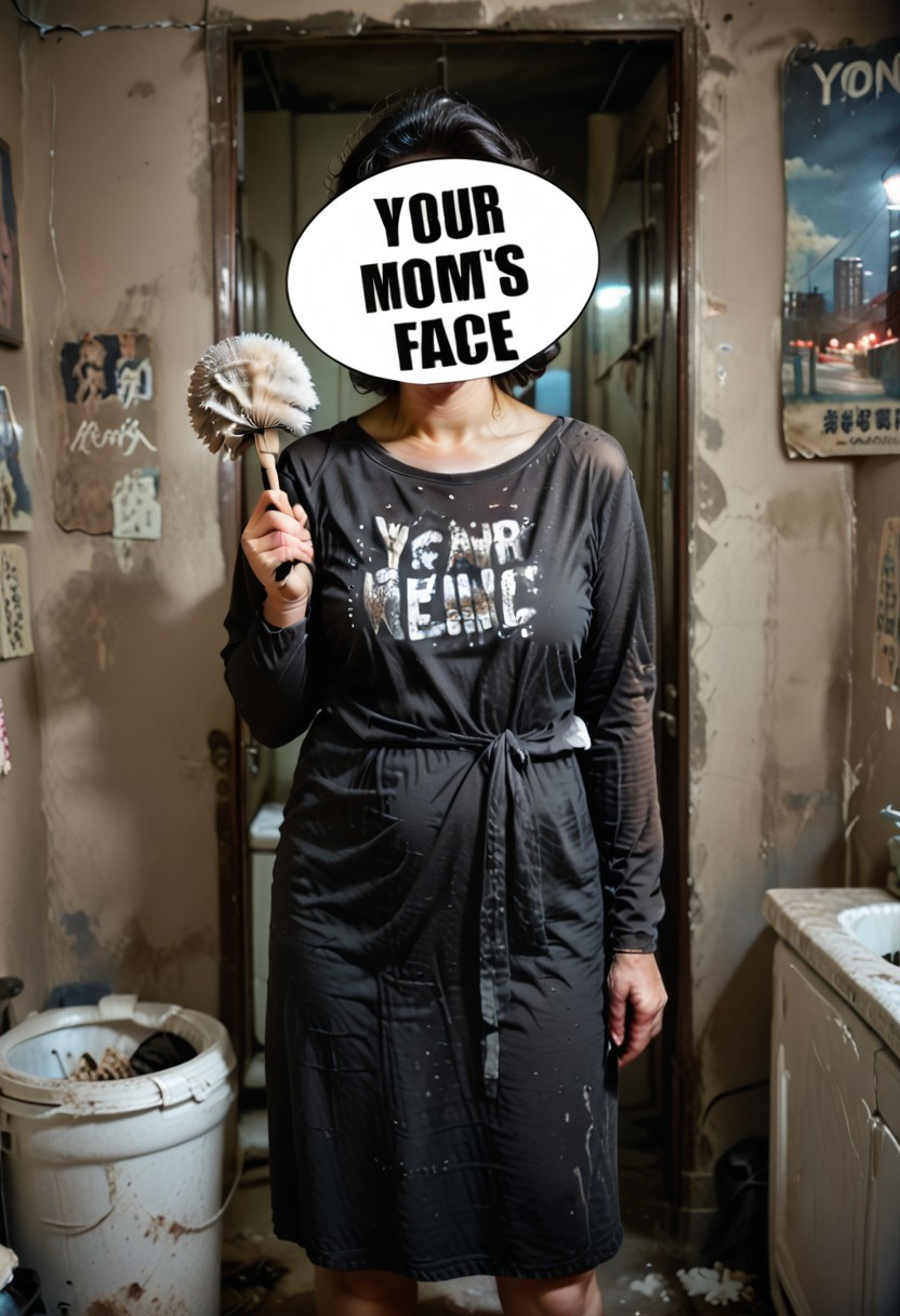 (yrm0mlol:1.7), 1girl, mature, friendly, holding duster, dark dirty bedroom, anime posters, garbage, anime figures, realistic lighting
