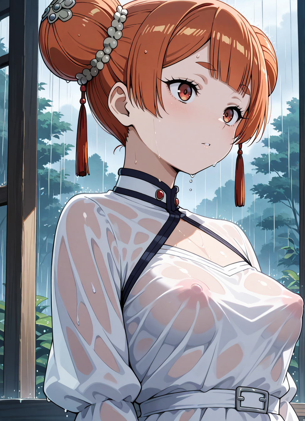 laufen, laufen (sousou no frieren), hair bun, double bun, orange hair, brown eyes, hair ornament, mature female, medium breasts, covered puffy nipples, white dress, outdoors, upper body, rain, wet, raining,, <BREAK> , masterpiece, amazing quality, best quality, ultra-detailed, 8K, illustration, CG, anime coloring,