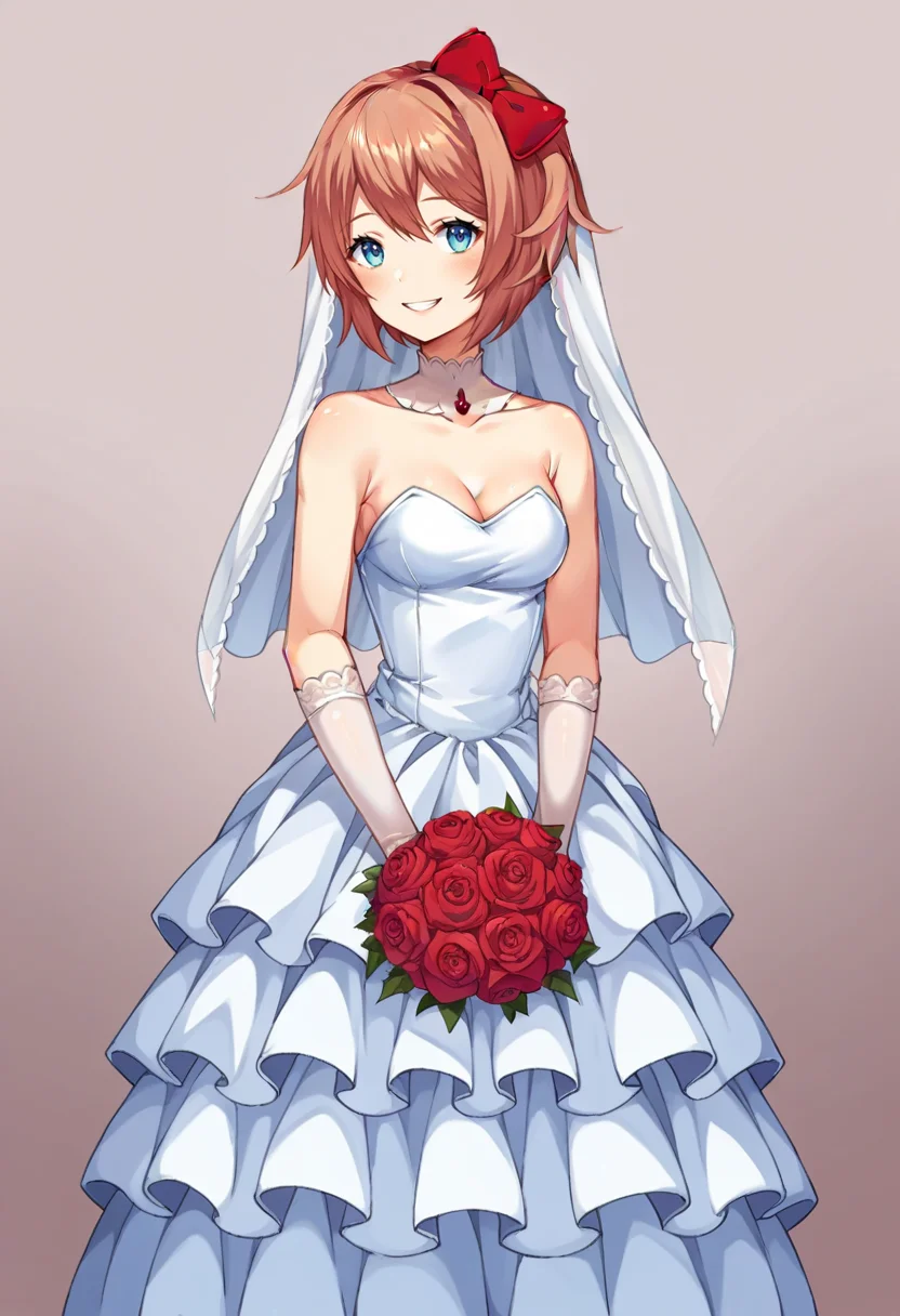 score_9, score_8_up, score_7_up, source_anime, BREAK, solo, 1girl,  <lora:DDLC-pdxl_Fp:0.8>, standing, smile, simple background, looking at viewer, sayori \(doki doki literature club\), wedding dress, red bow, cowboy shot,