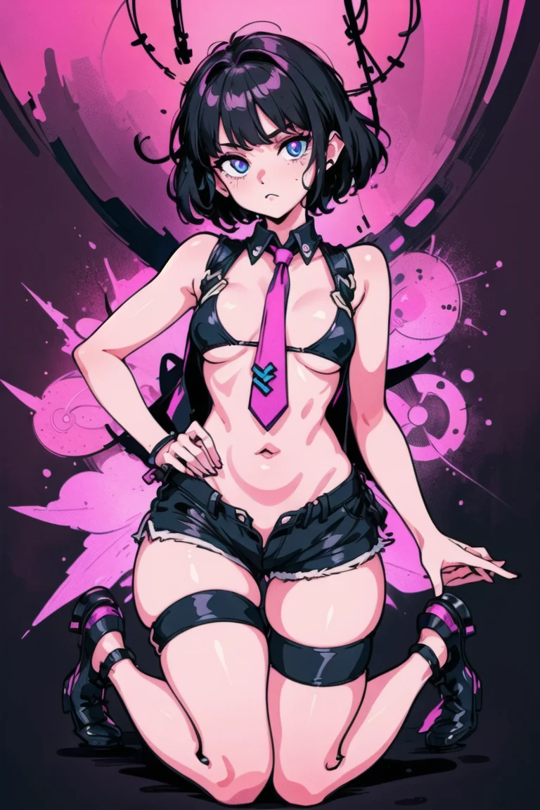 girl, (eyes, eyeshadow, detailed eyes) (hotify,digital art,fit,hot body,instagram:1.2),(abstract:1.4), (Vintage,Neon Background:1.4),Chubby,Flat Breasts,(kneeling),Short Hair,Pageboy,(mauve Necktie,saffron Shorts:1.3),fire emblem,Caged Bikini ,(masterpiece,detailed,highres:1.4) <lora:loop:0.8>