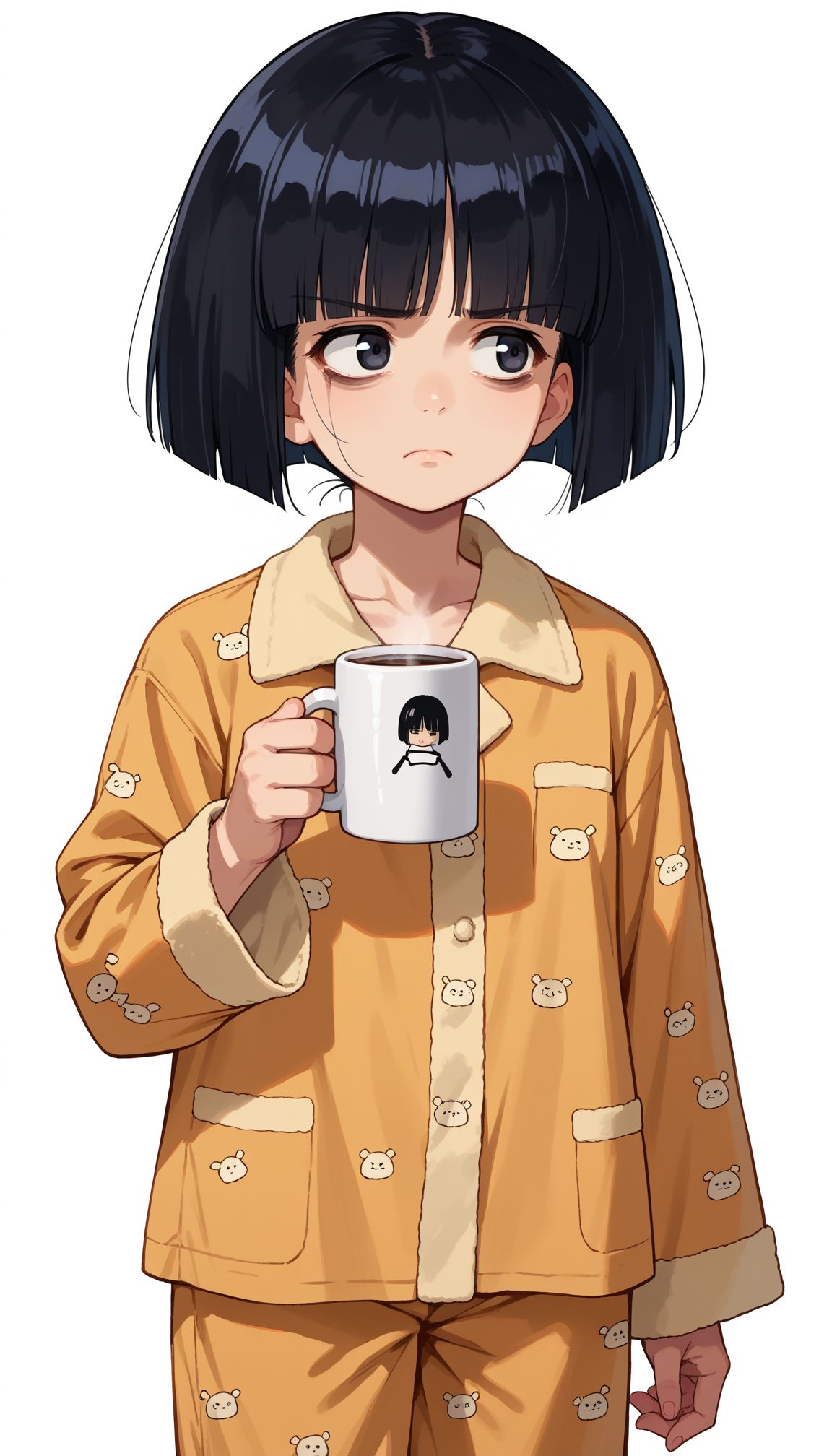 score_9, score_8_up, score_7_up, source_anime, white background,
   <lora:sono_midoriko :1> 1girl, black hair, short hair, blunt bangs, black eyes, bob cut, blunt ends, tired, looking away, standing, holding coffee mug, bags under eyes, pajamas
