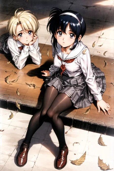 urushihara satoshi, 3girls, autumn, autumn leaves, black eyes, black hair, black legwear, blonde hair, blue hair, bow, brick, brick floor, brick wall, crack, falling leaves, feathers, from above, grey skirt, hairband, leaf, long hair, long sleeves, looking at viewer, multiple girls, pantyhose, pavement, pleated skirt, retro artstyle, school uniform, shirt, short hair, sitting, skirt, stone floor, tile floor, tiles, white shirt, wind <lora:Uruv1:0.6>