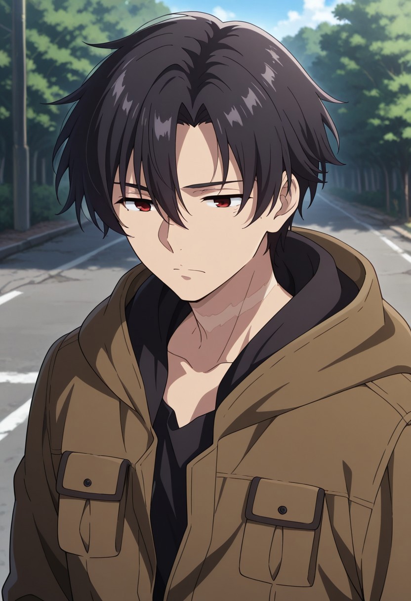 masterpiece,best quality,amazing quality, source_anime, 
ShineiNouzen, 1boy, male focus, solo, red eyes, black hair,  shirt, black shirt, jacket, brown jacket, hood, scar on neck, outdoor,