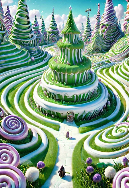 castle , A traveler contemplates a gigantic labyrinth made up of dozens of white, grass, medical towers. Candy labyrinth , evil villain