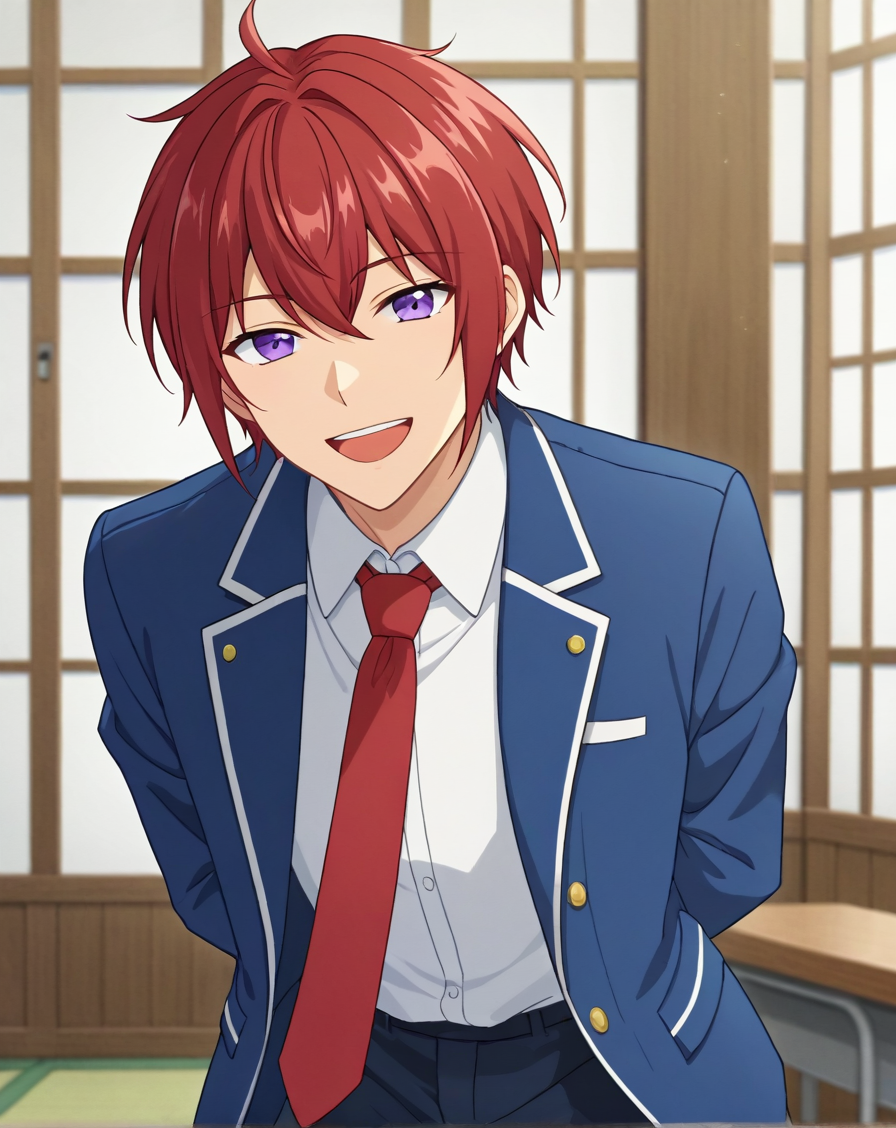 score_9, score_8_up, source_anime, anime screencap, original style, depth of field, BREAK, rating_safe, 1boy, solo, male focus, <lora:suou_tsukasa_pony:1> suou_tsukasa_pony, red hair, purple eyes, bangs, cowboy shot, happy, closed eyes, standing, looking at viewer, yumenosaki school uniform, blue jacket, red necktie, white shirt, collared shirt, arms behind back, looking at viewer, facing viewer, leaning forward, <lora:sdxl_lightning_8step_lora:1>  <lora:xl_more_art-full_v1:0.5>