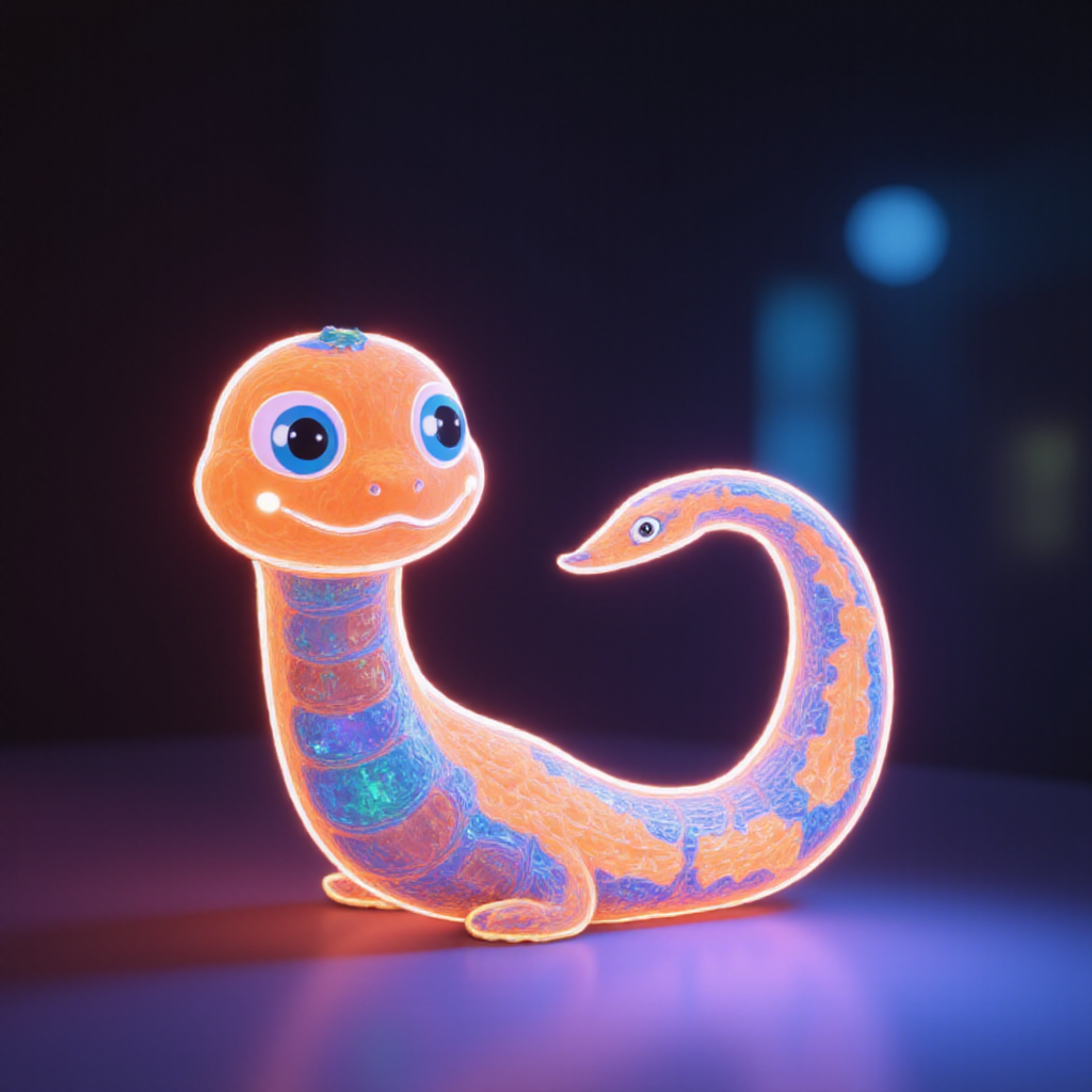 shebaobao, neouv, a cartoon baby snake with glowing illuminated iridescent scales.  <lora:shebaobao_flux_snake_Cartoon_v2.safetensors:1.0>