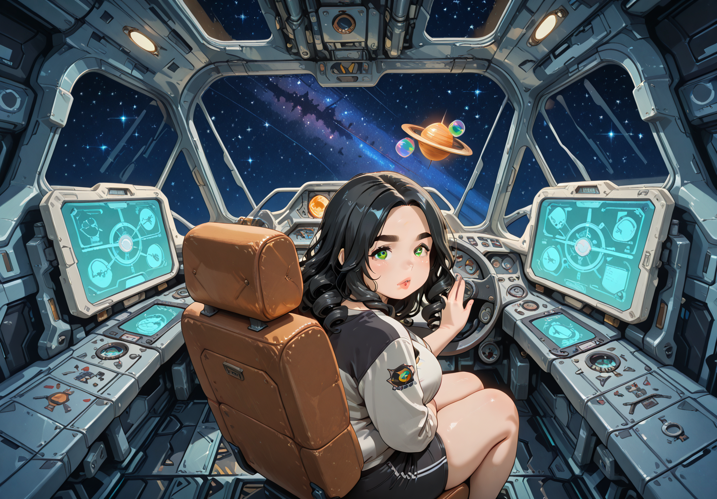 IllusP0s, PonyScores7, source_anime, ah1, IllustriousQual, interesting, exciting, spectacular, wonderful, amazing quality, absolutely eye-catching, 
BREAK <lora:xl_more_art-full_v1:0.2>, <lora:aesthetic_anime_v1s:0.2>, <lora:detailxl:0.2>, detailxl, amazing quality, best aesthetic, absurdres, illustration, Volumetric_Lighting, ultra-detailed, very aesthetic, intricate details, best_quality, lazympos, <lora:Add_Details_v1.2:0.4>, <lora:quality_modifiers_masterpieces_v1:0.2>, anime style, <lora:HDA_Detailer:0.3>, <lora:natsumi_style:0.2>, <lora:by_usakun-pony:0.2>, by usakun, <lora:Akina_Bbw_Style_-_PonyXL:0.2>, AkinBw,
BREAK (((A cascade of multicolored bubbles floats from palm, each popping with a tiny flash))), <lora:DynamicPoseIL2att_alpha1.0_rank4_noxattn_900steps:0.2>, dynamic pose, foreshortening, extreme perspective, <lora:dynamic_anime_art_illustriousXL:0.2>, dynamic_anime_art,
BREAK 1girl, mature female, (curvy), round-chin, caucasian, <lora:ETO_OC_Illustrius:0.5>, eto_oc, <lora:skindentation:0.2>, skindentationILL, skindentation, (plump), thick thighs, wide hips, busty, voluptuous, <lora:plussizegirls_IL:0.3>, <lora:plussizegirls_pony:0.3>, <lora:shinyskin2:0.2>, glistening skin, HDA_FatGirlXL, round ass, large breasts, <lora:perfection style:0.2>, perfection style, perfection, 
BREAK ((athletic style clothing)),
BREAK (curly hair), long hair, (black hair:1.4), (parted hair:1.7), messy hair, kinky curls, <lora:hairdetailpxl:0.2>, hairdetailpxl,
BREAK (half green and brown eyes), (colorful eyes), (multicolored eyes), (downturned eyes:1.4), expressive eyes, detailed eyes, (round face:1.2), (thick eyebrows:1.3), (plump face), <lora:Round_face:0.2>, lips,
BREAK (((Hesitant expression))), <lora:Expressive_H:0.2>, Expressiveh, <lora:Emotional_Anime_Expressions_PonyXL_Concept:0.2>, emotional, <lora:Best_Facial_Expression_LoRA_PONY:0.2>, looking at viewer, <lora:Detailed expressive EXEV style -XL Pony V1.0:0.2>, FaceDetail, <lora:Best_Facial_Expression_Helper_XTREME_ILLU:0.4>, kaogei,
BREAK (((<lora:SpaceBridge:0.8>, br1dg3, indoors, science fiction, scenery, spacecraft, star (sky), space, interior, window, chair, cockpit, holographic monitor, screen))), (((Centered Composition shot))), 4k, 8k, Ultra HD, Masterpiece, Best quality, Detailed background, <lora:AddMicroDetails_Illustrious_v3:0.2>, addmicrodetails