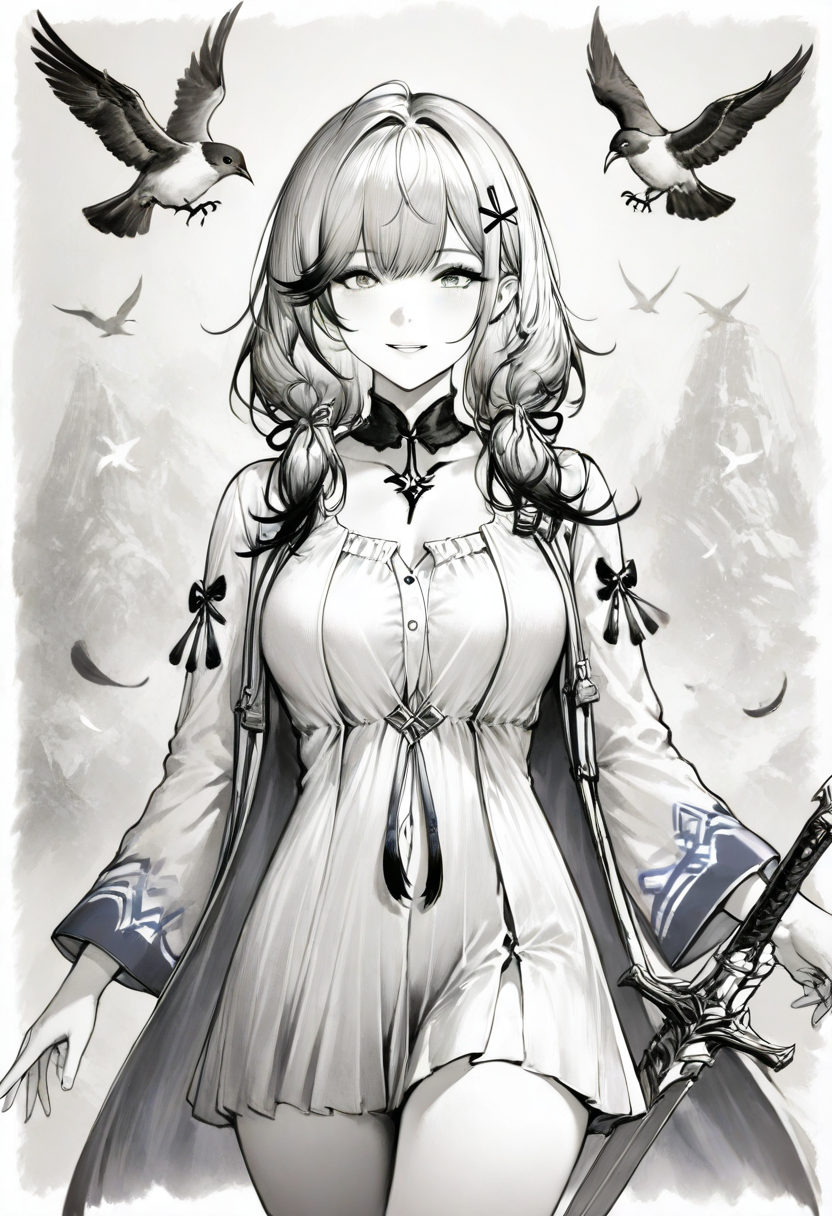1girl, dunkerque \(afternoon venus\) \(azur lane\),  smile, happy, cowboy shot, 
 <lora:dimmacio_style:1>dimaccio, realistic, horn,  monochrome, bird, weapon, sword,
masterpiece, high score, great score, absurdres,