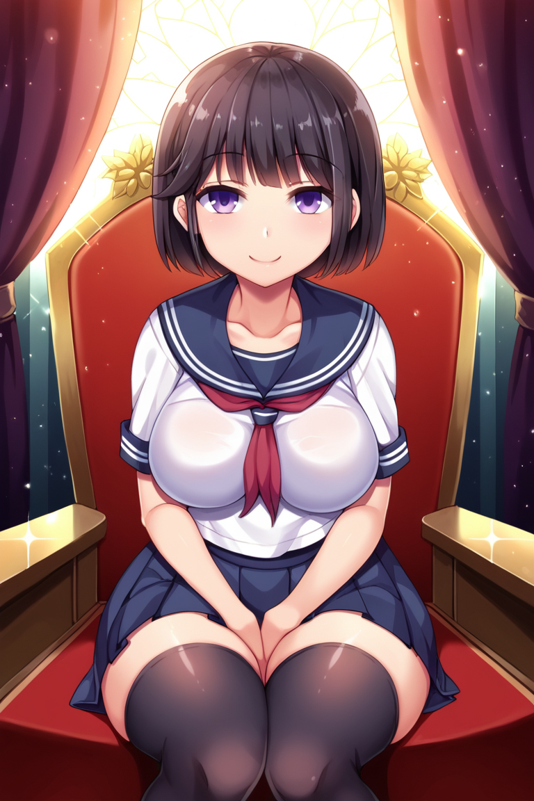 score_9, score_8_up, score_7_up, BREAK
PONYXL_STYLE_Riumu_ownwaifu, 
1girl, large breasts, pleated skirt, school uniform, black thighhighs, purple eyes, smile, short hair, serafuku, red neckerchief, bangs, black hair, short sleeves, collarbone, blue skirt, white shirt, blue sailor collar, zettai ryouiki, impossible clothes,
(sitting on throne, sitting, throne), throne room, straight-on, curtains, light particles, bokeh, loaded interior, indoors, <lora:PONYXL_STYLE_Riumu_ownwaifu:0.75>, solo,