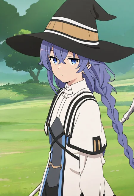 masterpiece, best quality, newest, absurdres, highres, detailed eyes, beautiful, detailed background, perfect eyes, anime coloring, 1girl, solo, petite, roxy migurdia, blue hair, long hair, twin braids, hair between eyes, ahoge, blue eyes, small breasts, RoxyMageB, witch hat, white capelet, white jacket, long sleeves, black skirt, black socks, white boots, holding mage staff, looking at viewer, half-closed eyes, (detailed background, outdoors, grassland, tree, upper body), <lora:roxy_mskt_xl:0.8>