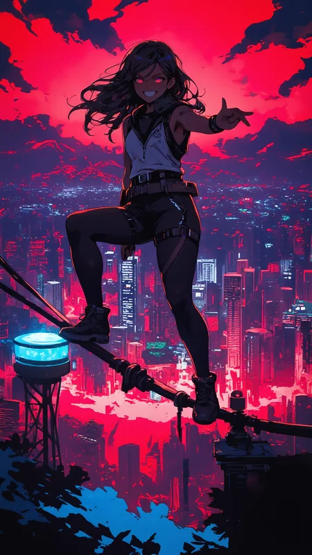 in a neon-lit NLSTN anime style, NLSTN, glowing, neon, high-resolution anime-style, dramatic nighttime lighting, a daring young woman balancing effortlessly on a high-voltage power line, the vast Los Angeles skyline glowing in deep red and vibrant blue below, distant city lights stretching endlessly, her silhouette illuminated by the eerie red glow of aviation warning lights, playful yet fearless smirk, long hair swaying in the wind, tension and excitement in the air <lora:Niji_V2B:0.6> <lora:NLSTN-F:1.0> <lora:ck-8bit-gameboy-style:0.8>