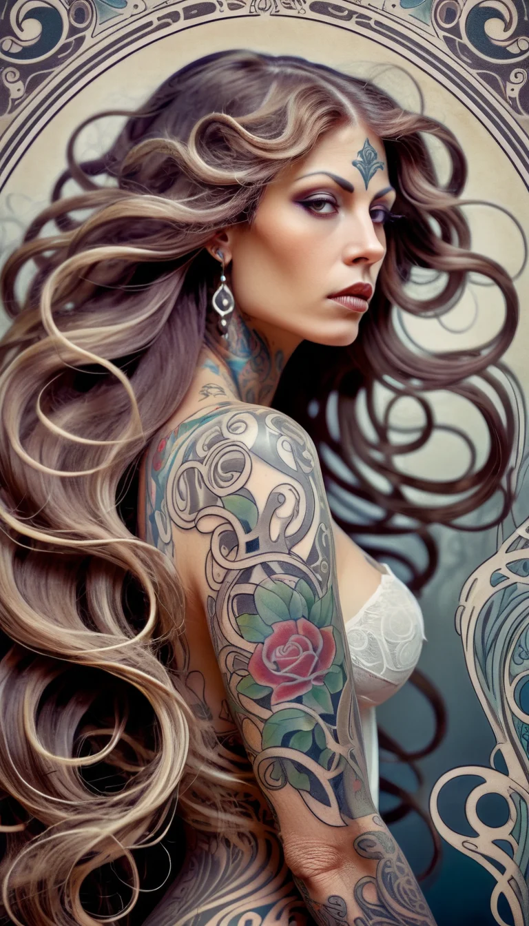 Art Nouveau art of a mysterious woman with flowing hair and elaborate tattoos, cinematic composition.  <lora:Everly_Heights_Comics:1>