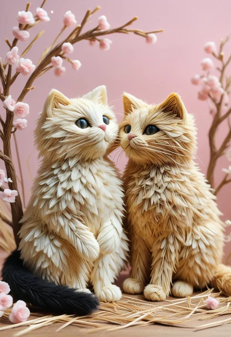 masterpiece, best quality, absurdres, cats made of Straw sitting on a tree branch, facing each other in an intimate and harmonious pose. The left cat is black, while the right cat is white, creating a striking contrast. They are surrounded by delicate, blooming branches with small flowers, adding a serene and romantic atmosphere. The background is softly blurred, focusing the viewer's attention on the cats and their interaction. The lighting is soft, emphasizing the texture of their fur and the gentle ambiance of the scene. pink heart in front of them, ((everything made out of Straw))