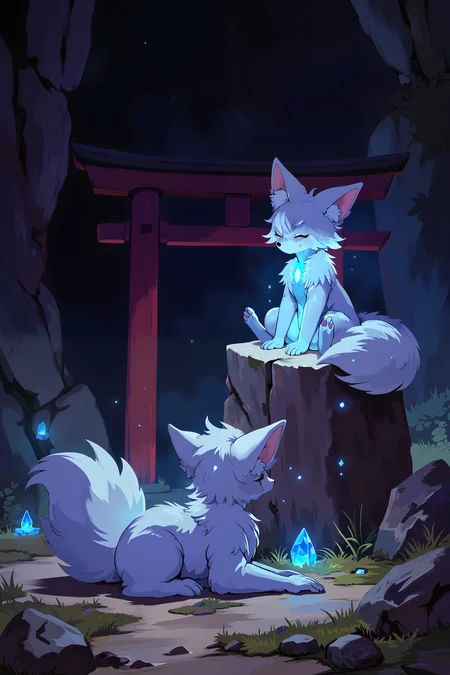 two anthropomorphic fox-like creatures interacting in a mystical cave setting. The scene is illuminated by a soft blue light emanating from the fox on the right, who is sitting on a stone pedestal. This fox has white fur with a gradient to a darker shade on the tail and ears, and its eyes are closed, possibly in a meditative state. The other fox, positioned on the left and lying on the ground, has pure white fur and is looking up at the standing fox with a curious expression. Both creatures have large, bushy tails.In the background, there is a traditional Japanese torii gate with a dark red frame, partially obscured by the cave's rocky textures. The cave walls are dark and shadowy, with a few glowing blue crystals scattered around the floor, adding to the mystical ambiance. The ground is uneven, with patches of grass and rock. The overall color palette of the image is dominated by cool blues and purples, creating a serene and otherworldly atmosphere. The textures are smooth with a slight glow effect, giving the scene a magical and ethereal quality.<lora:XRSTYLE_FLUX:0.7><lora:RetroAnimeFluxV1:0.4><lora:MoriiMee_Gothic_Niji_Style_FLUX:0.3>