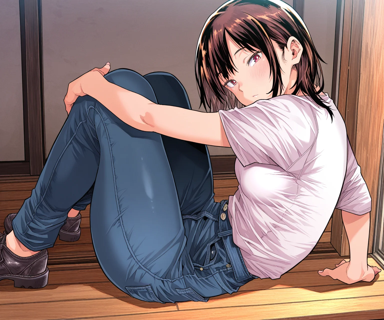 masterpiece, best quality, amazing quality, sfw, 1girl, solo, shirt, pants, looking at viewer, sitting, <lora:Aino Chie style ILL-v2.1:1> ainochie_style