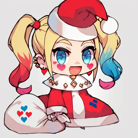 score_9, score_8_up, score_8, ,,, zzPadoru, harley_quinn, 1girl, long hair, smile, open mouth, blue eyes, blonde hair, simple background, long sleeves, white background, holding, twintails, jewelry, :d, heart, earrings, piercing, ear piercing, red headwear, holding sack, ,<lora:PadoruMemePDXL:1.0>, ,,, smile, looking at viewer, ,,, embedding:zPDXL, <lora:SDXLFaeTastic2400:0.5>,