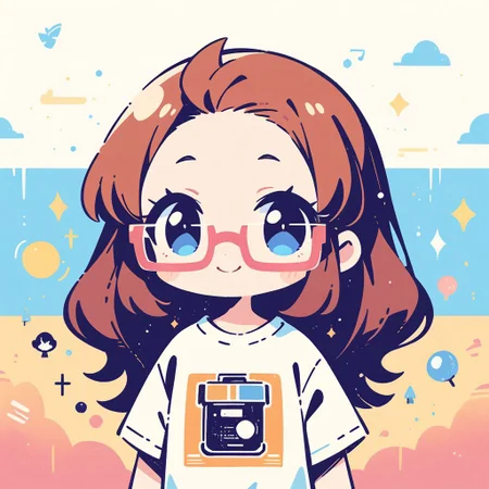 masterpiece, best quality, very aesthetic, absurdres,
1girl, chibi,
<lora:stampsticker:1> (simple retro design, logo, manga style, 2tone), solo, brown hair, wavy hair, long hair, rectangle eyewear, smile, forehead, t shirt, jacket, adult