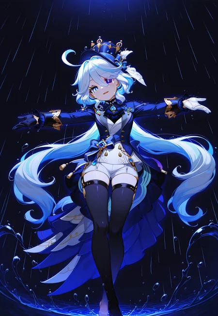 (masterpiece, newest, dynamic angle), anime, 1girl, portrait, petite, standing, Furina_(Genshin_Impact), (water droplet hair ornament), diamond-shaped pupils, (blue coronet), glowing eyes, spread arms, looking at viewer, open mouth, white shirt, blue coat, open coat, white shorts, black thighhighs, bare feet, small breasts, head tilt, expressionless, streaming tears, (light smile), glowing vision (genshin impact), water droplets, glowing water droplets, rain, (blue aura), dark blue background, dark, night