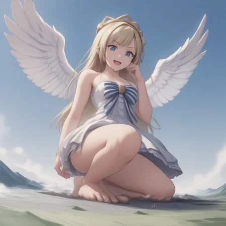 score_9, score_8_up, score_7_up, score_6_up, score_5_up, macro, giantess,( 1girl:1.5), solo focus, ecute, blue eyes, flower, hair ornament, blonde hair, white dress, smug, (lace dress, lace:1.5), blonde, (low angle, from below:1.4), giantess, macro, blonde hair, landscape, barefoot, smiling, happy, sunny blue sky background, tiny cities, tiny landscape, landscape dwarfing, soles, dirty feet, feet, w1ngs, angel wings, angel, halo, angel halo, flat landscape, (kneeling, on one knee, close up toes, toes:1.2)