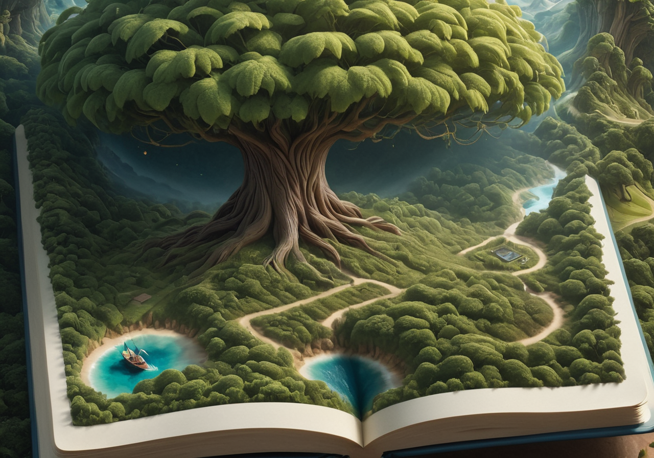 Surrealist art (Digital Artwork:1.3) of (Ultrarealistic:1.3) <lora:Book_FFusion_32:1> a book with a tree and a book on it, 3 d epic illustrations, fantasy book illustration, fantasy tree, fantasy art behance, whimsical fantasy landscape art, a beautiful artwork illustration, made of tree and fantasy valley, world tree, realistic fantasy illustration, science fantasy painting, the world tree, fantasy illustrations, scenery art detailed, detailed painting 4 k,CGSociety,ArtStation,(Abstract Art:1.3),(Surrealism Art:1.3),(Geometric Abstract Art:1.3),naturalism,land Art,regionalism,shutterstock contest winner,trending on unsplash,featured on Flickr . Dreamlike, mysterious, provocative, symbolic, intricate, detailed