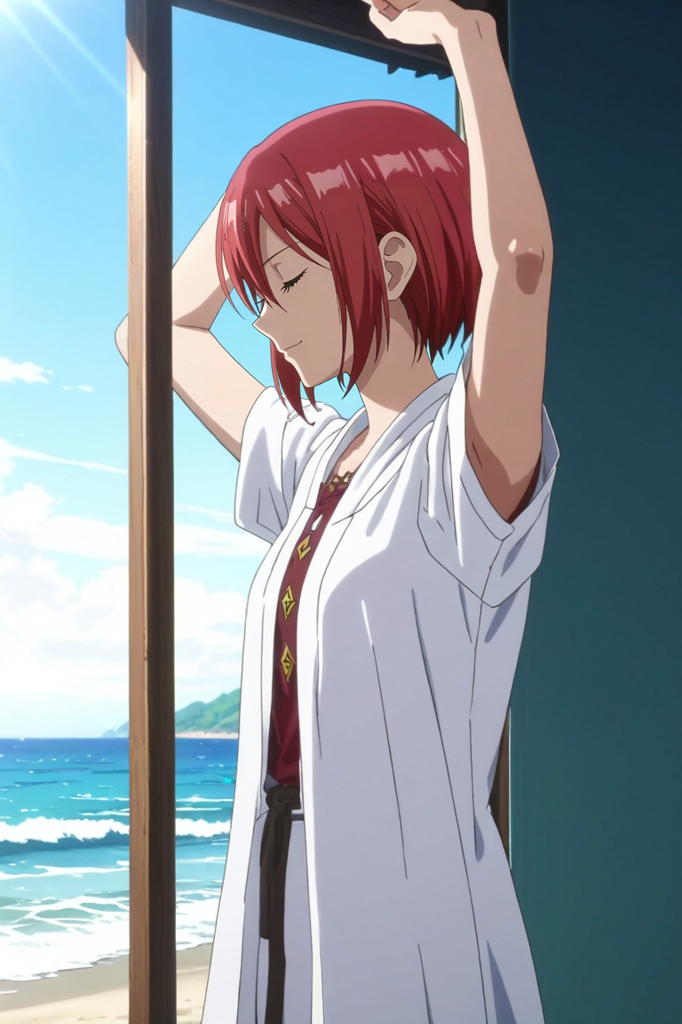 score_9, score_8_up, score_7_up, source_anime, rating_safe, , anime screencap, anime coloring, , , , 1girl, solo, <lora:shirayuki-hime_pony:0.8>, shirayuki-hime, red hair, green eyes, hair between eyes, short hair, profile, beach, ocean, waves, island, indoors, light, arms up, (closed eyes:1.2), smile, , <lora:sdxl_lightning_8step_lora:1>