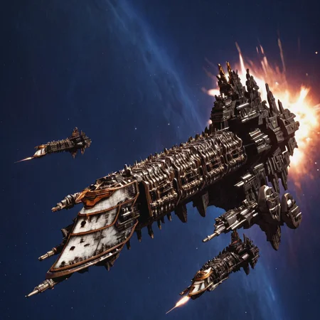 a impstarship battleship in space, motion blur, explosions,