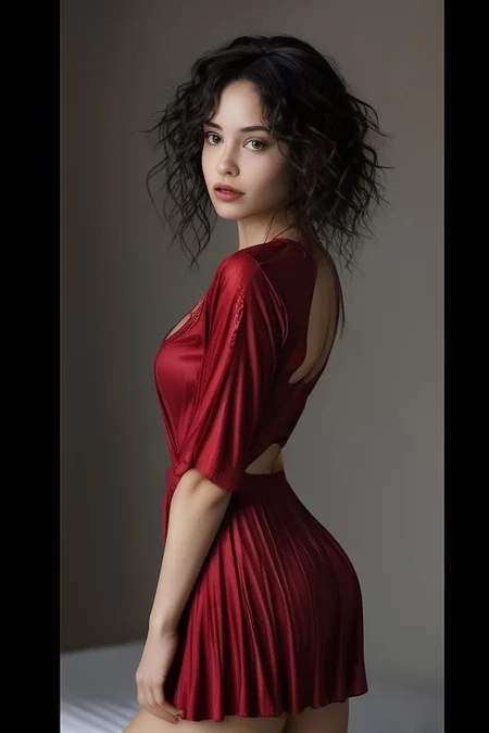 bellissima, laperla style, realistic, 1girl, solo, a woman i n a red dress with a spaghetti - neckline and a short skirt  sexy pose standing in a luxurious hotel room
