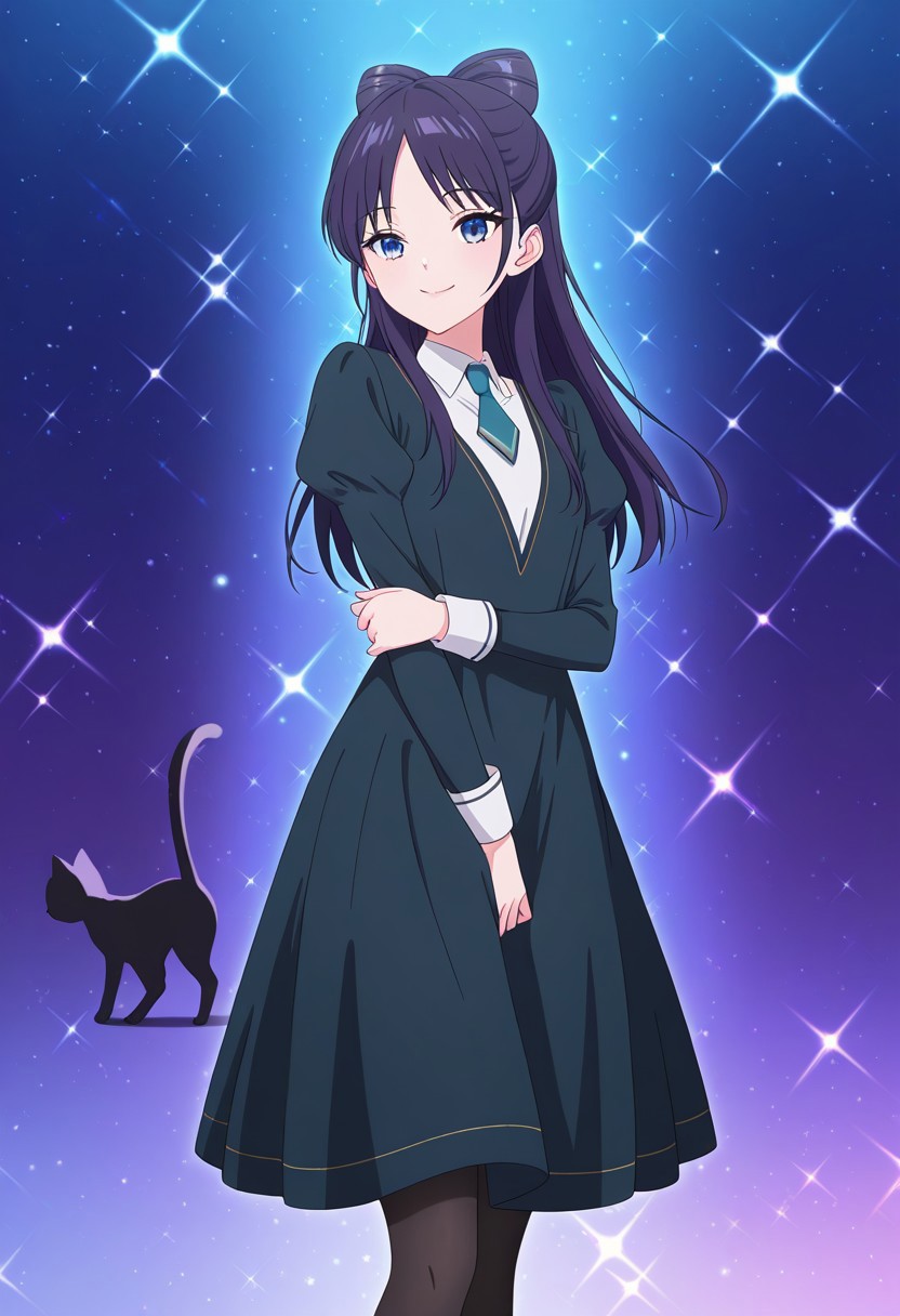 (absurdres, best quality, masterpiece:1.4), amazing quality, highres, newest, detailed, detailed body, detailed face, source anime, anime coloring, beautiful, petite, sparkles,
BREAK
WWNemu, 1girl, solo,  smile, NemuAniHu, dark purple hair, bow-shaped hair, parted bangs, half updo, blue eyes, v-neck dress, white inner collared shirt, Short necktie, juliet sleeves, long skirt, black pantyhose, NemuCat, cat, cat icons, cat silhouette