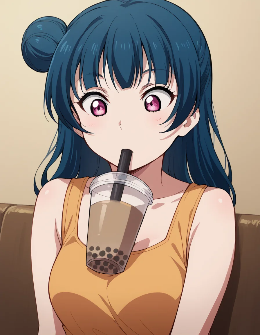 score_9, score_8_up, score_7_up, source_anime, <lora:yoshiko-tsushima-s2-ponyxl-lora-nochekaiser:1>, yoshiko tsushima, long hair, bangs, blue hair, pink eyes, hair bun, single hair bun, single side bun,, <lora:bubble-tea-challenge-ponyxl-lora-nochekaiser:1>, bubble tea challenge, bubble tea, object on breast, drinking straw, drinking straw in mouth, drinking, cup,, indoors, sitting, looking down, , cowboy shot, dutch angle