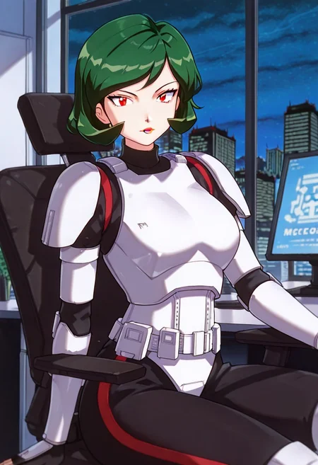 masterpiece, best quality, good quality, <lora:PMWendyIL:0.9>, PMWendy, 1girl, solo, green hair, short hair, red eyes, lipstick,stormtrooper, armor, white armor, black bodysuit, bodysuit under clothes,
looking at viewer, sitting, monitor
BREAK indoors, day, office, swivel chair, window, night sky, cityscape,
