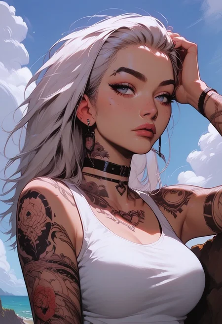 Score_9, Score8_up, Score_7_up, (((High Resolution, Best Quality))), Covered in Tattoos, hand on head, brushing hair behind ear, 
Tanktop, cutoff, choker, 
On a Cliff overlooking a beach, Cloudy Sky,