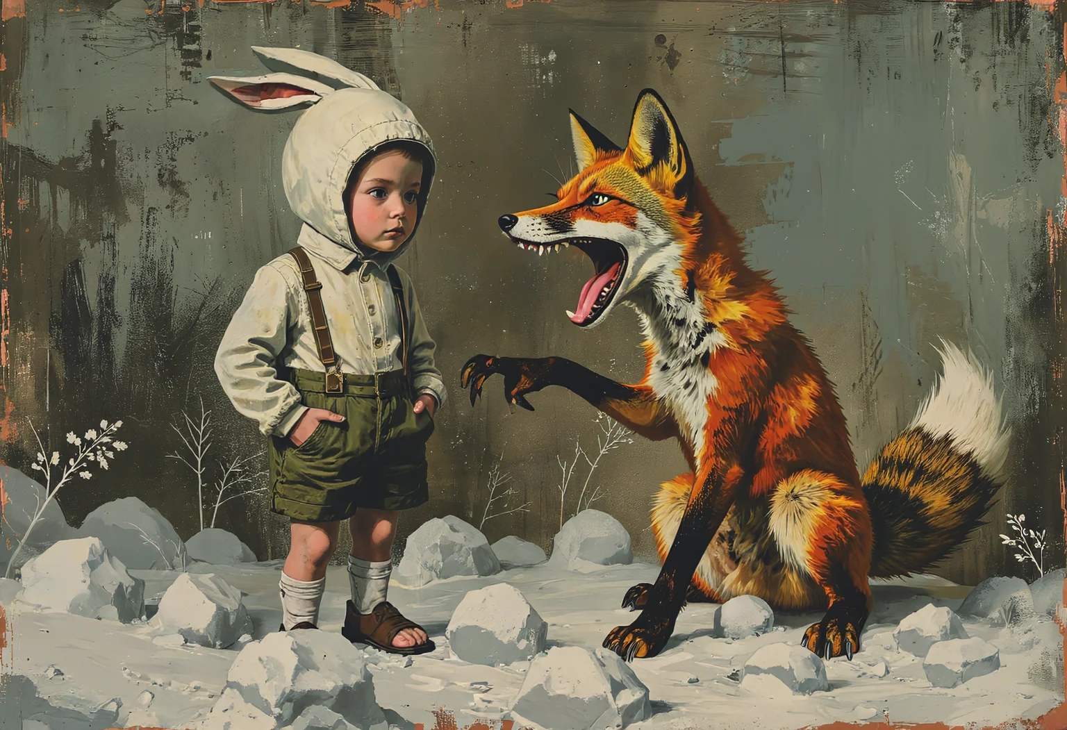 (gl1tchc0re, vantablack, anhei, ezh1k),
(masterpiece, best quality, high-res, 4k textures, ultra detailed:1.25),
A painting two characters - child boy and animal.
On the left ((3/4 side view)) is a boy stands ankle-deep in a snowdrift, wearing in a white rabbit costume with long ears on hat. His face is round and pale with a sad expression. The child in a white long-sleeved shirt, hands inside pockets dark-green shorts with braces and white Birch pattern stockings under sandals.
On the right is a side view of a laughing fox, ((gives the child right paw)), with exaggeratedly expressive emotion on her face. She has a large open mouth with a pink tongue and sharp teeth. On the floor is a fluffy tail, reddish-brown fur with a white underbelly, dark brown ears and paws.
The background is a textural abstract mix of muted (green, brown and grey) tones creating a sombre atmosphere. The style is soft impressionism, and the prominent brushstrokes give the scene an emotional depth of melancholy and introspection.